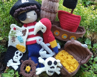 PATTERN ONLY Pirate Set Collection crochet Amigurumi Anchor Flag Parrot Rum Barrel Ship Skull Steering Wheel Treasure Chest MAp