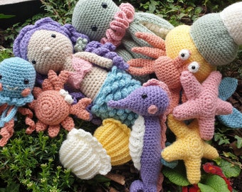 PATTERN ONLY Under the Sea Set Collection crochet Crab Hermit Jellyfish Mermaid Tail Octopus Seahorse Seashell Sea Star