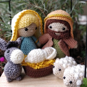 PATTERN ONLY crochet amigurumi Nativity Scene Christmas Dolls Mary Joseph Baby Jesus Crib Donkey and Sheep Manger Creche Krippe