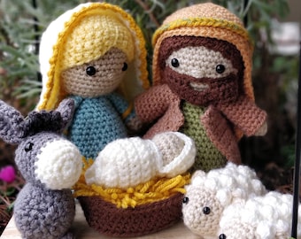 PATTERN ONLY crochet amigurumi Nativity Scene Christmas Dolls Mary Joseph Baby Jesus Crib Donkey and Sheep Manger Creche Krippe