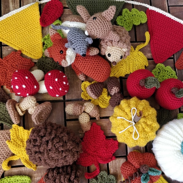 PATTERN Fall Autumn amigurumi crochet Pumpkin Acorn Chestnut Leaves Maple Leaf Mushroom Pinecone Mouse Hedgehog Squirrel Garland bunting