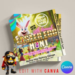 May include: An Easter Egg Hunt flyer featuring a cartoon bunny and gold lettering. The flyer advertises the "12th Annual Easter Egg Hunt" with event details, including the date, time, and location. The Canva logo is also visible.