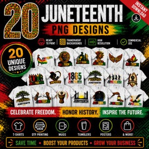 Può includere: Una collezione digitale di 20 design PNG Juneteenth con varie illustrazioni come alberi, mani e silhouette con il testo Juneteenth. La grafica include etichette per pronto per la stampa, sfondi trasparenti e uso commerciale.
