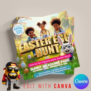May include: An Easter Egg Hunt flyer with a cartoon bunny wearing glasses and three children. The flyer has the text "Your Company Name Presents Easter Egg Hunt" and event details. The flyer is set in a park with Easter eggs.