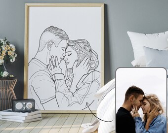 Long distance relationship gift for boyfriend. Custom couple portrait minimalist digital one line drawing.