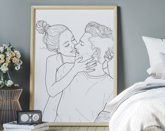 Custom couple portrait minimalist digital one line drawing. Large size digital art portrait  one year anniversary and valentine's day gift