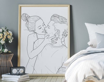 One year anniversary custom couple portrait single line art. Minimalist drawing personalized  1 year anniversary gifts for boyfriend.