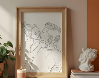 Custom couple portrait minimalist digital one line drawing. Large size digital art portrait one year anniversary and valentine's day gift