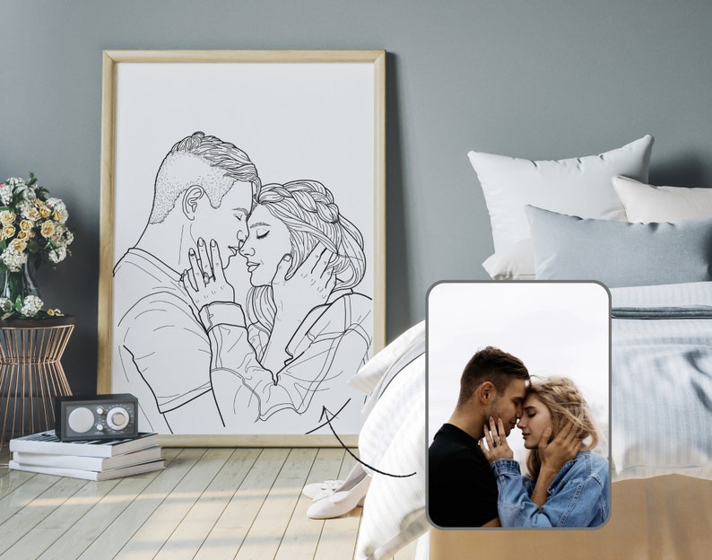 May include: Black and white line art illustration of a couple embracing. The man is on the left and the woman is on the right. They are both looking at each other with their eyes closed. The man has short hair and the woman has long hair. The illustration is in a simple style.