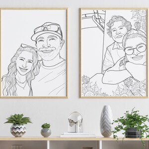 May include: Two black and white line drawings of couples. The first drawing shows a couple with a man wearing a baseball cap and a woman with long hair. The second drawing shows a couple with a man wearing a short-sleeved shirt and a woman wearing a short-sleeved shirt and glasses. Both drawings are framed in wood.