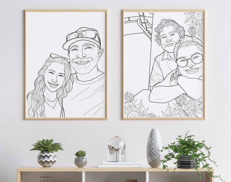 May include: Two black and white line drawings of couples. The first drawing shows a couple with a man wearing a baseball cap and a woman with long hair. The second drawing shows a couple with a man wearing a short-sleeved shirt and a woman wearing a short-sleeved shirt and glasses. Both drawings are framed in wood.