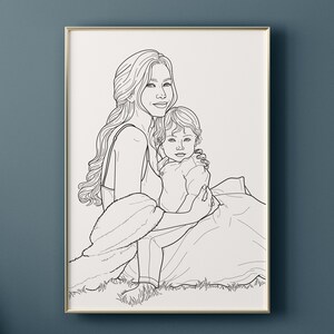 May include: A black and white line drawing of a mother and child. The mother is holding the child in her arms. They are both smiling. The mother is wearing a long-sleeved shirt and the child is wearing a short-sleeved shirt. They are sitting on a blanket.