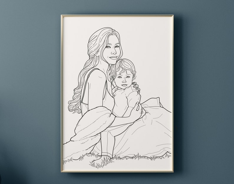 May include: A black and white line drawing of a mother and child. The mother is holding the child in her arms. They are both smiling. The mother is wearing a long-sleeved shirt and the child is wearing a short-sleeved shirt. They are sitting on a blanket.