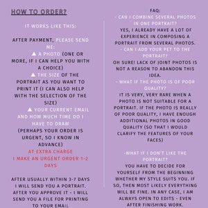 May include: A purple and white graphic with the text "How to Order?" and a list of instructions for ordering a custom portrait. The text includes information about sending photos, choosing the size, and the time it takes to complete the order.