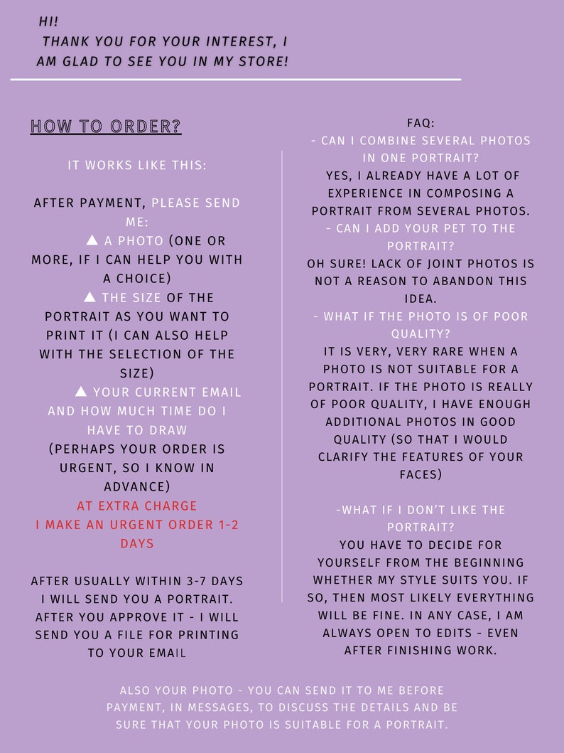 May include: A purple and white graphic with the text "How to Order?" and a list of instructions for ordering a custom portrait. The text includes information about sending photos, choosing the size, and the time it takes to complete the order.