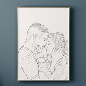 May include: A black and white line drawing of a couple embracing. The man has his arm around the woman's waist and is holding her face in his hand. The woman has her eyes closed and is leaning into the man.