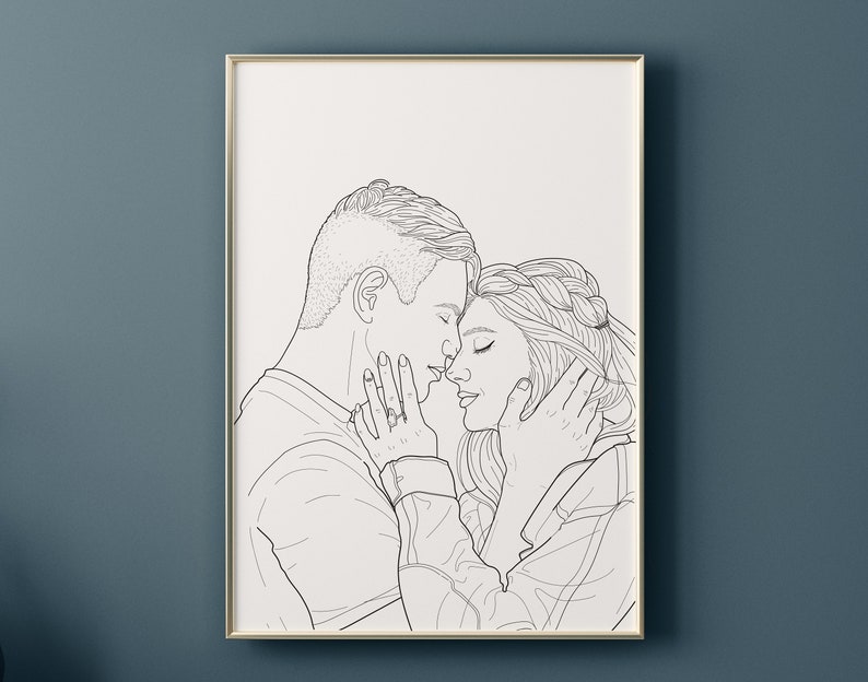 May include: A black and white line drawing of a couple embracing. The man has his arm around the woman's waist and is holding her face in his hand. The woman has her eyes closed and is leaning into the man.