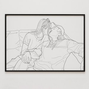May include: A black and white line drawing of a couple kissing on a couch. The woman has long hair and is wearing a t-shirt. The man is wearing a hoodie and has a hat on.