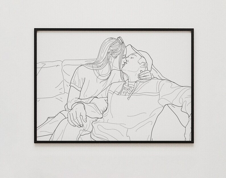 May include: A black and white line drawing of a couple kissing on a couch. The woman has long hair and is wearing a t-shirt. The man is wearing a hoodie and has a hat on.