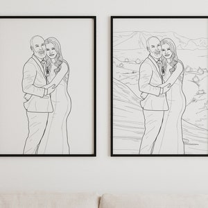 May include: A black and white line drawing of a couple embracing. The couple is standing in front of a simple background. The man is wearing a suit and the woman is wearing a dress.