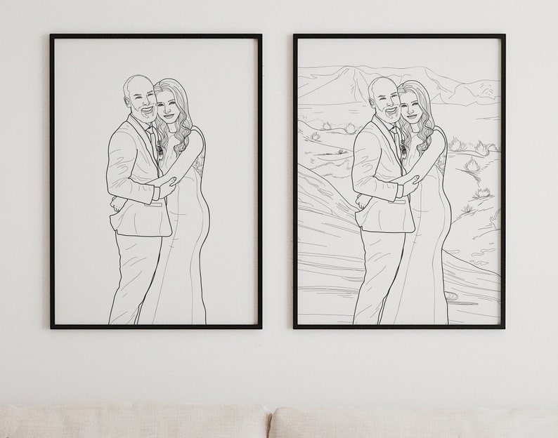 May include: A black and white line drawing of a couple embracing. The couple is standing in front of a simple background. The man is wearing a suit and the woman is wearing a dress.