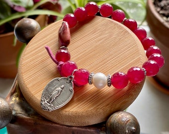 Blessed Mother charm bracelet with raspberry jade, crazy lace and freshwater pearl