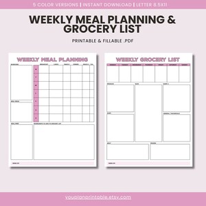 Weekly Meal Planner and Grocery List | DIY Menu Meal Planner | 8x5 x 11  Letter PDF Printable