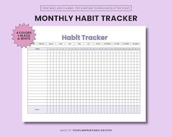 Paesaggio stampabile del tracker delle abitudini mensili, modello del tracker delle abitudini, tracker delle routine, sfida delle abitudini di 31 giorni, A4/Lettera, download istantaneo