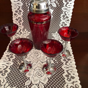 Art Deco Ruby Red Glass Shaker/Cordial Set