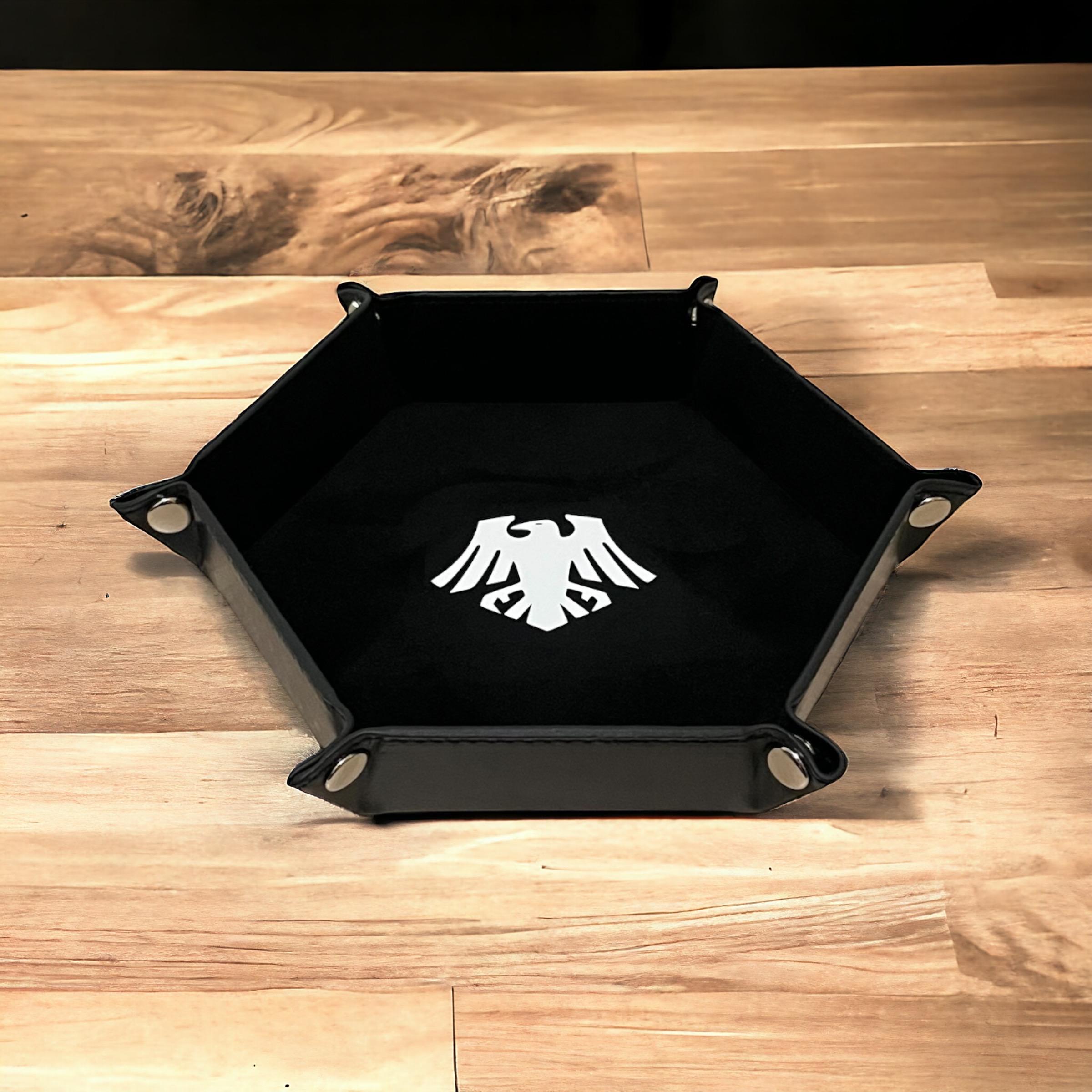 Raven Marines Army Black Folding Hexagon Dice Tray - PU Leather and Soft Velvet