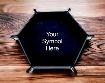 Custom Folding Hexagon Dice Tray with HTV Symbol - PU Leather and Soft Velvet