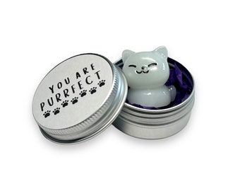 May include: A small silver tin with a white cat figurine inside. The lid of the tin has the text "You are purrfect" with paw prints.