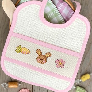 Babero de conejo de bebé, babero de bebé, babero de bebé bordado, babero de algodón de algodón, goteo de algodón rosa, babero de Pascua, babero para niña, regalo de niña, Comedero
