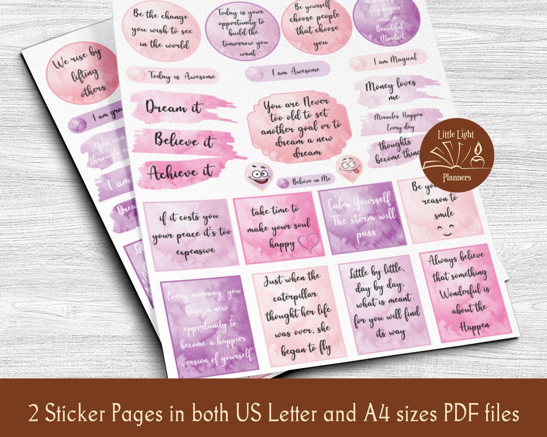 Motivational Printable Planner Stickers, Pink Purple Watercolor ...