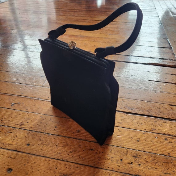 Vintage Black Velvet Rhinestone Clasp Handbag - image 2