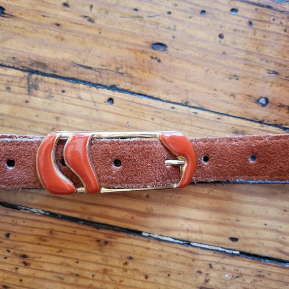 Vintage Leather Belt With Orange Enamel Metal Buc… - image 4
