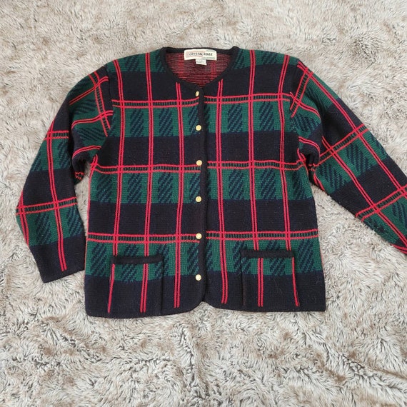 Crystal-Kobe Vintage 1980s Christmas Plaid Cardig… - image 1