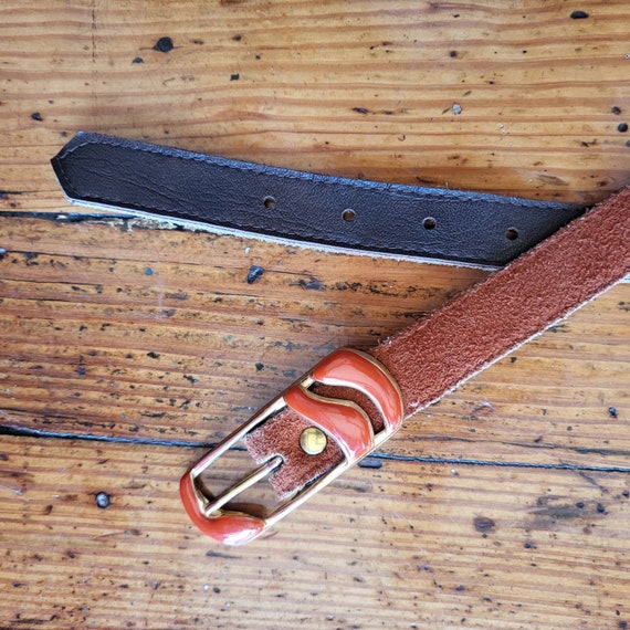 Vintage Leather Belt With Orange Enamel Metal Buc… - image 5
