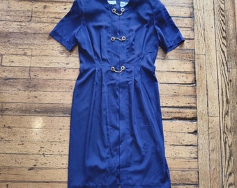 Ms Chaus Vintage Chain Button Front Pleated Blue Midi Polyester Dress Size 8