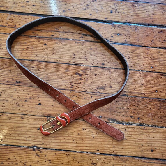 Vintage Leather Belt With Orange Enamel Metal Buc… - image 2