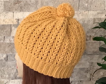 Winter 40% Baumwolle Damen Mütze für Schnur und Baumwolle Geeignet für Erwachsene Handgestrickte Mütze und Mütze senfgelbe Beanie