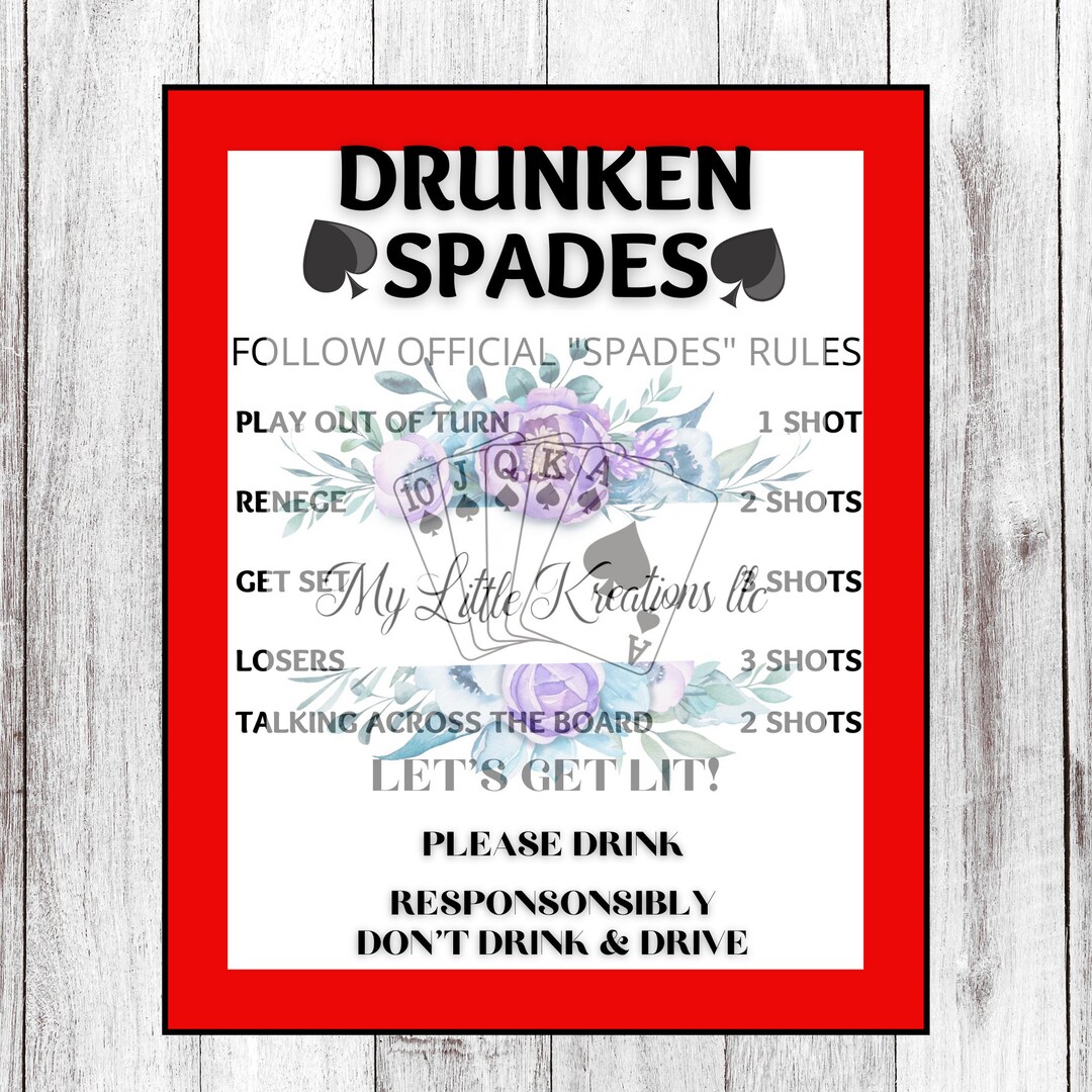 Drunken Spades Game Rules Card Digital Download Etsy
