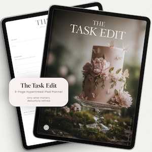 Puede incluir: Dos iPads que muestran un planificador digital. Uno muestra una página en blanco, el otro presenta un pastel con decoraciones florales y mariposas. El texto "The Task Edit" es visible en ambas pantallas, junto con la descripción "5-Page Hyperlinked iPad Planner."