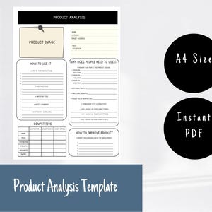 May include: A white product analysis template with sections for product image, how to use it, and competitive analysis. The template includes the text "Product Analysis Template", "A4 Size", and "Instant PDF".
