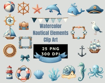 Watercolor Nautical Elements Clip Art (25 Sets)