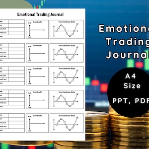Op de afbeelding: Een zwart-wit printbaar emotioneel handelsdagboek met vijf pagina's. Elke pagina heeft een sectie voor tijd, paar, in- en uitstap, winst/verlies, ratio, winstdoel en uw emotionele toestand. De sectie voor de emotionele toestand heeft een lijndiagram met cirkels.