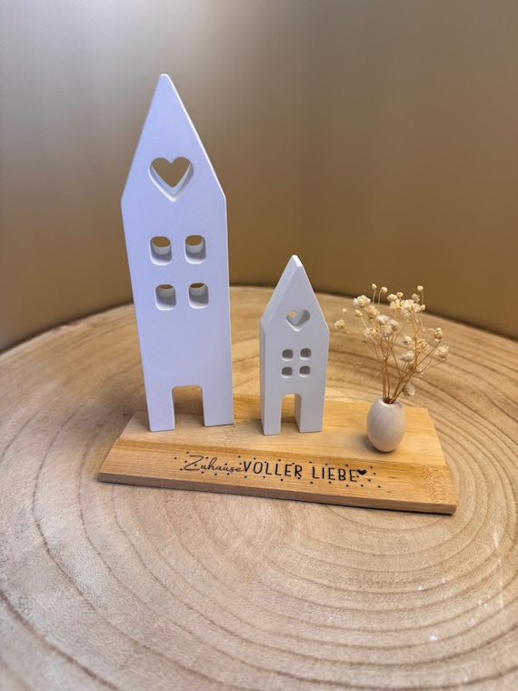 Holz Deko Haus Set | Handgemachte Dekoration Zuhause | Skandi-Stil Geschenk Einzug | Fensterbank Deko