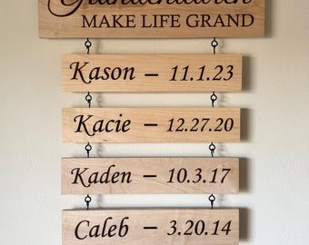 Personalized Grandchildren Name Sign with Birthdates – Custom Wood Grandparent Gift – Grandkids Wall Decor – Anniversary or Birthday Gift