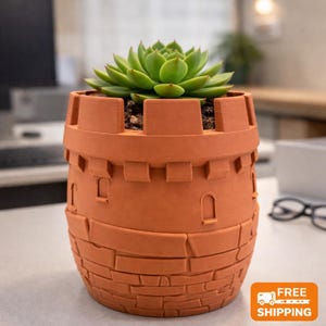 Castle Succulent Planter – 3D Printed Tower Pot, Medieval Stone Planter, Fantasy Home Decor, Small Plant Pot, with drainage liner