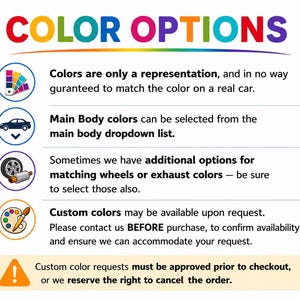 Puede incluir: Gr&aacute;fico con el t&iacute;tulo "COLOR OPTIONS" en colores del arco&iacute;ris. El texto explica la representaci&oacute;n del color, la selecci&oacute;n del color principal, opciones adicionales para ruedas y escape, y solicitudes de color personalizadas.